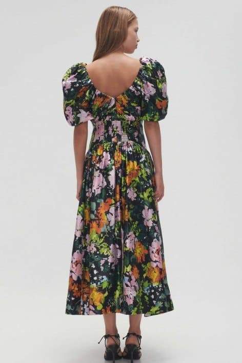 Xaviera Exclusive Printed Midi Dress with V Neck and Puff Sleeves Premium Wardrobe Essential