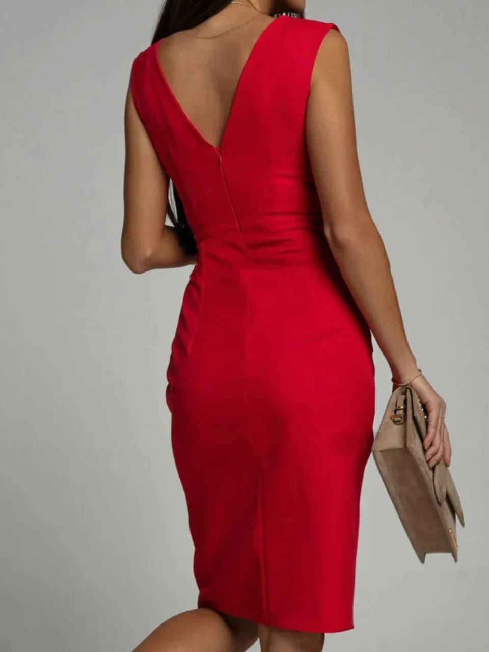 Surplice V-Neck Pleated Ruched Front Slit Bodycon Midi Dress