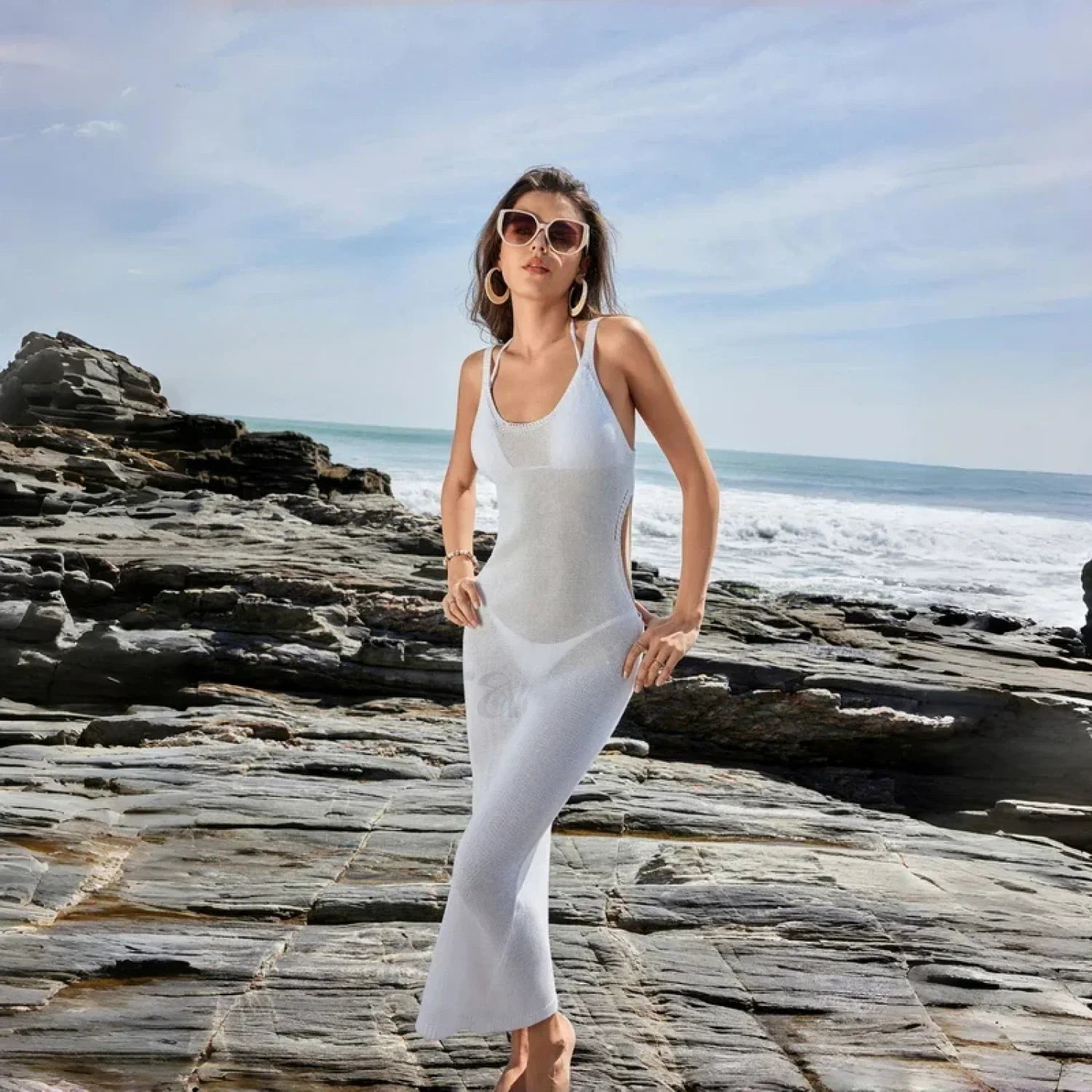 Mesh Halter Long Dress Cover Up WHITE / S