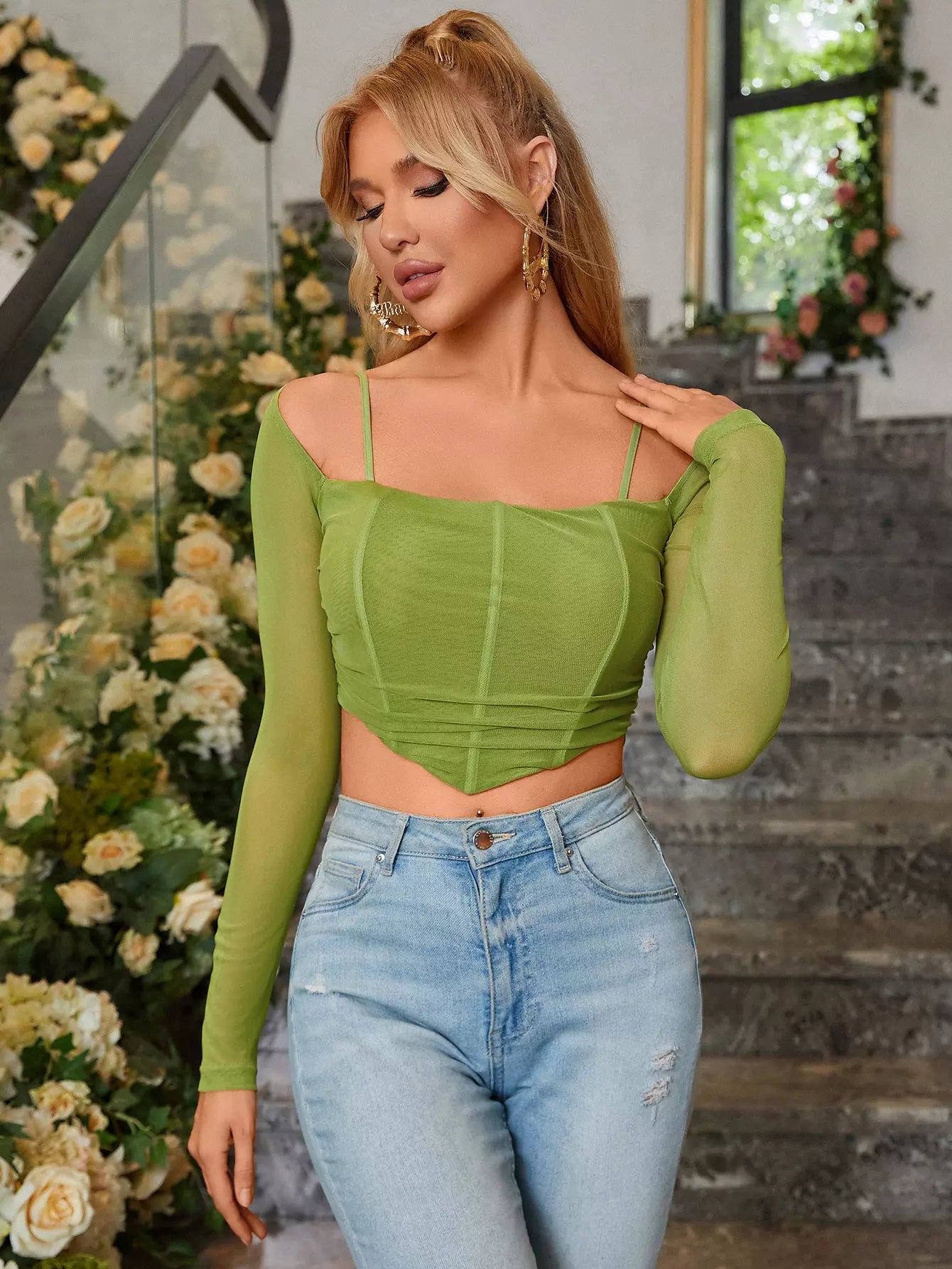 Long Sleeve Mesh Crop Top