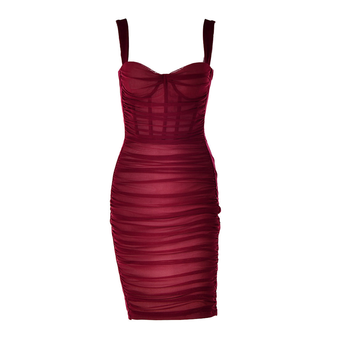 Fuchsia Sweetheart Neck Strap Ruched Mesh Corset Bodycon Midi Dress