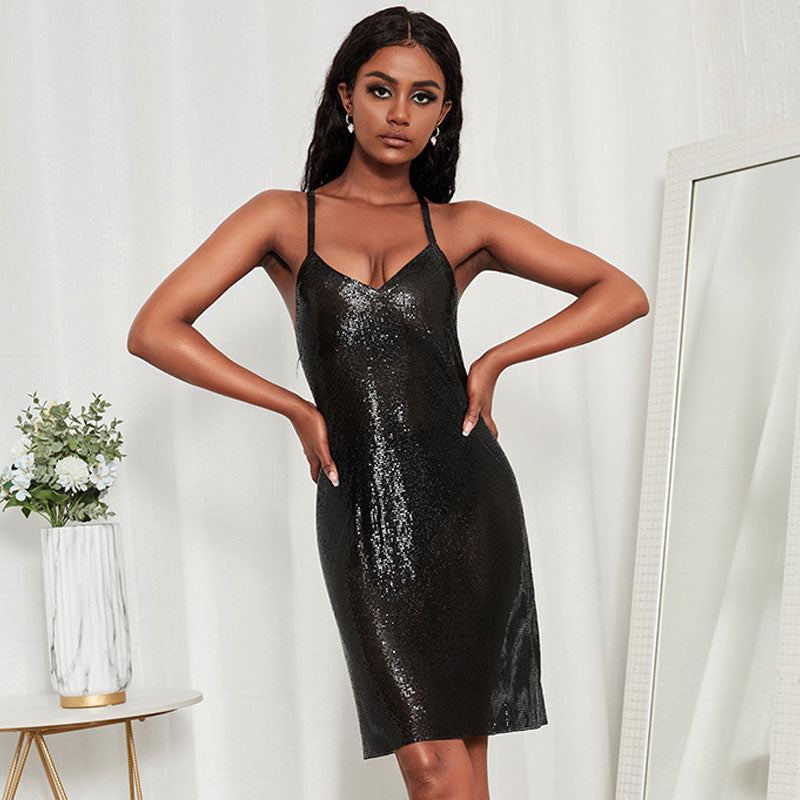 Black V-Neck Spaghetti Strap Metallic Chainmail Bodycon Mini Dress