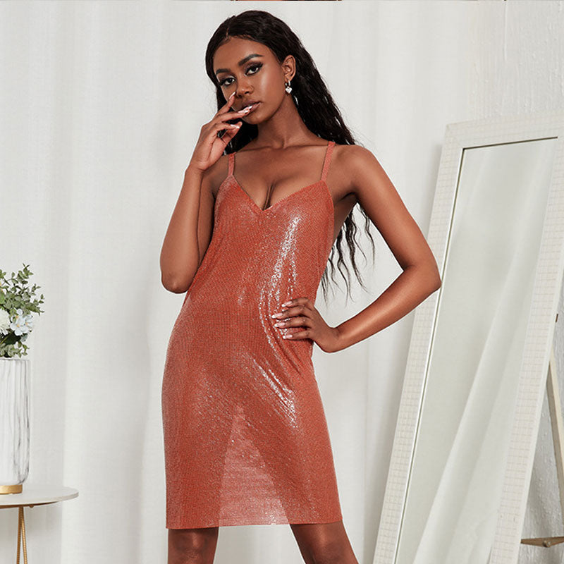 Brick Red V-Neck Spaghetti Strap Glitter Metallic Bodycon Mini Dress