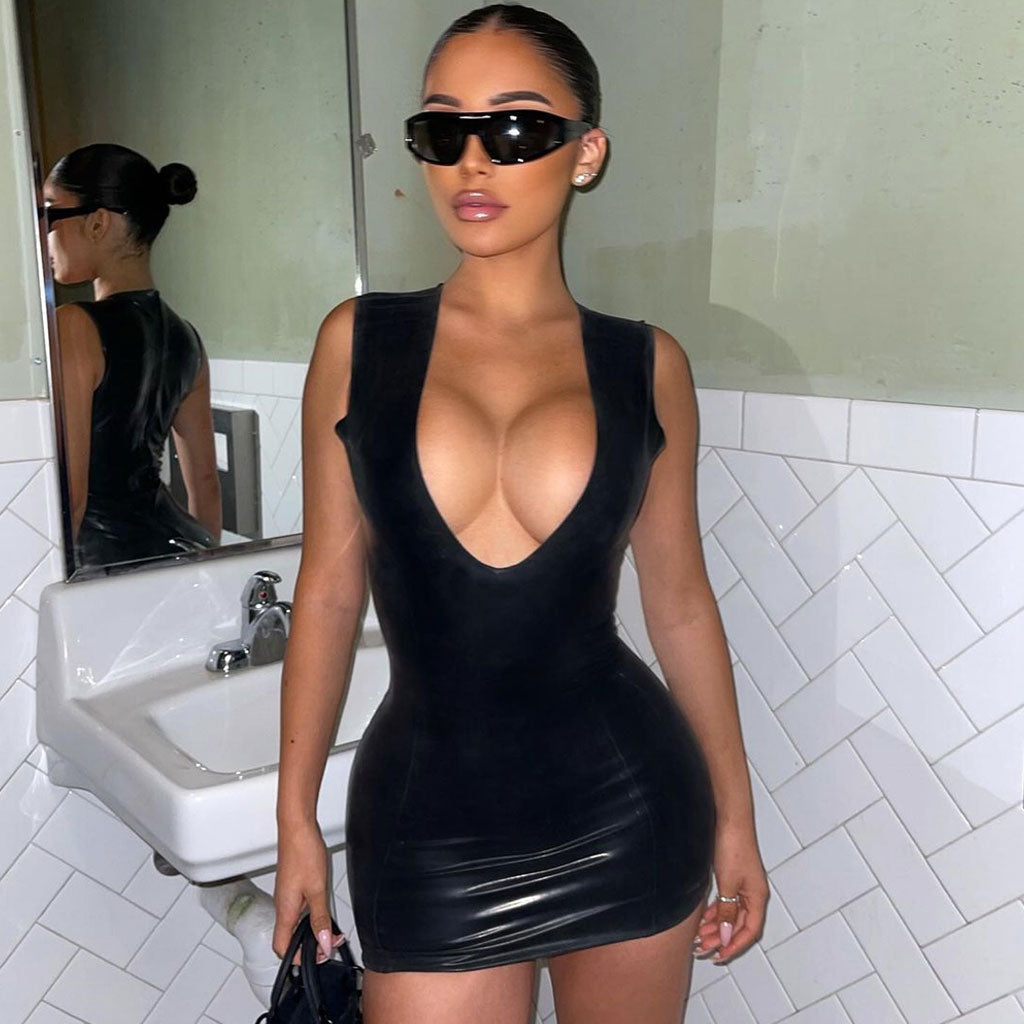 Black Deep V-Neck Faux Leather Sleeveless Bodycon Mini Dress