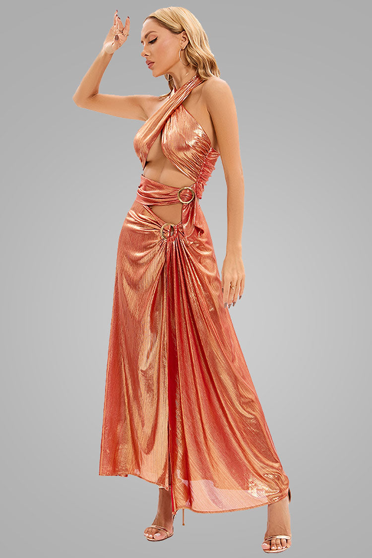 Rose Gold Halter Neck Metallic Crossover Cutout Ring Trim High Slit Maxi Dress 2