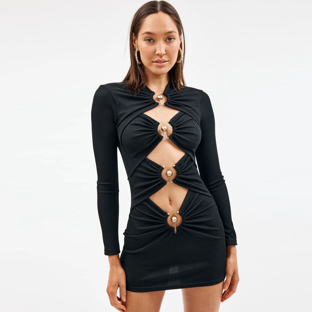 Black High Neck Long Sleeve Ball Embellished Cutout Ruched Bodycon Mini Dress