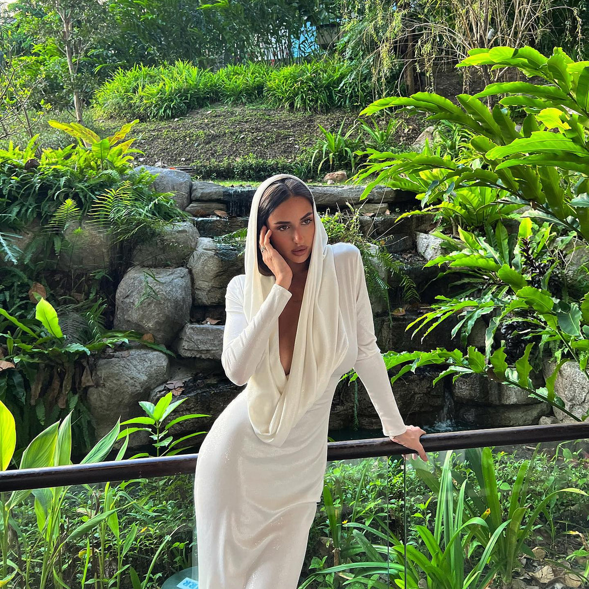 Hooded Cowl Neck Long Sleeve Ruched Bodycon Maxi Dress