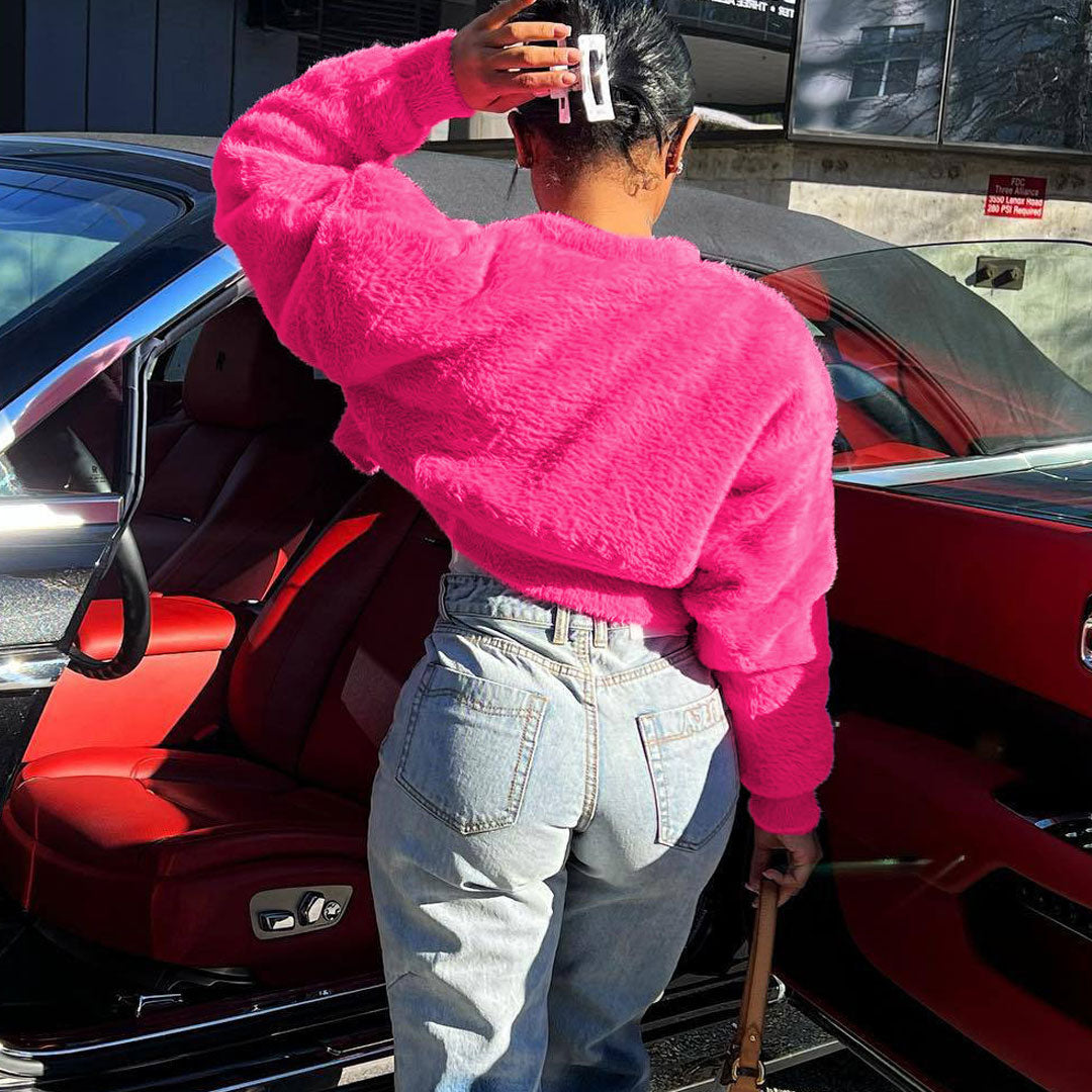 Hot Pink Open Front Drop Shoulder Long Sleeve Cropped Faux Fur Coat