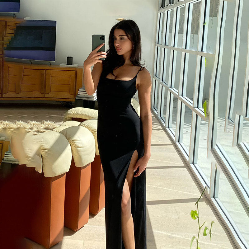 Black Square Neck Sleeveless High Slit Bodycon Maxi Dress