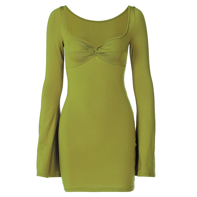 Green Sweetheart Twist Front Flared Long Sleeve Bodycon Mini Dress