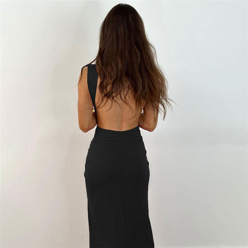 Black Deep V Sleeveless Twist Front High Slit Open Back Maxi Dress