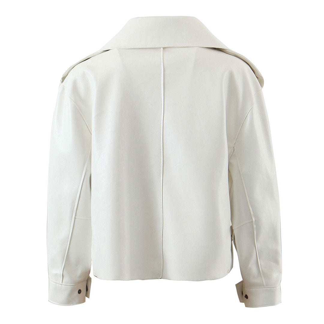 White Collared Double Breasted Long Sleeve Cropped Trench Coat 3