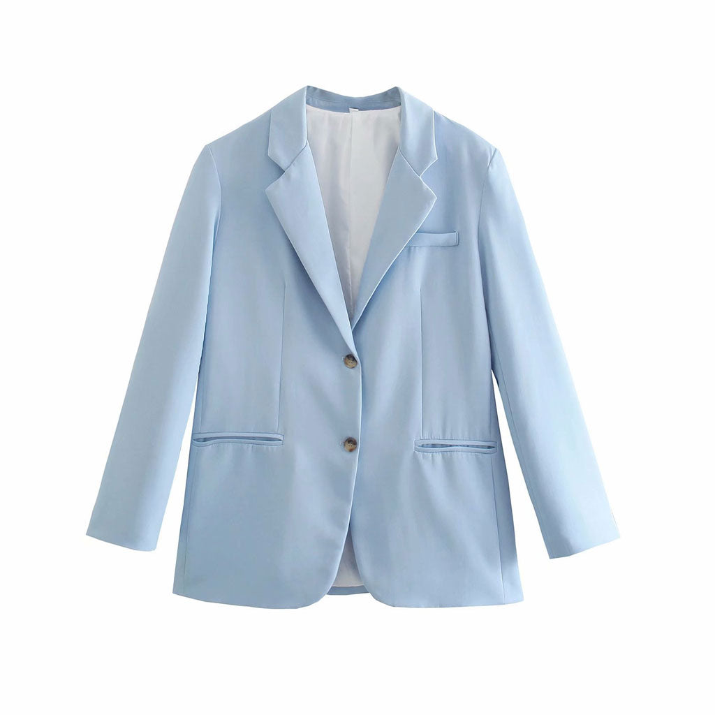 Baby Blue Notch Lapel Long Sleeve Single Breasted Oversized Blazer