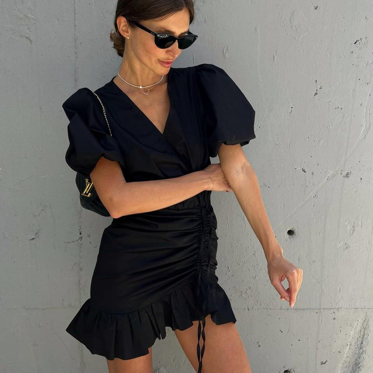 Surplice Neck Puff Sleeve Ruched Drawstring Ruffle Hem Mini Dress 9
