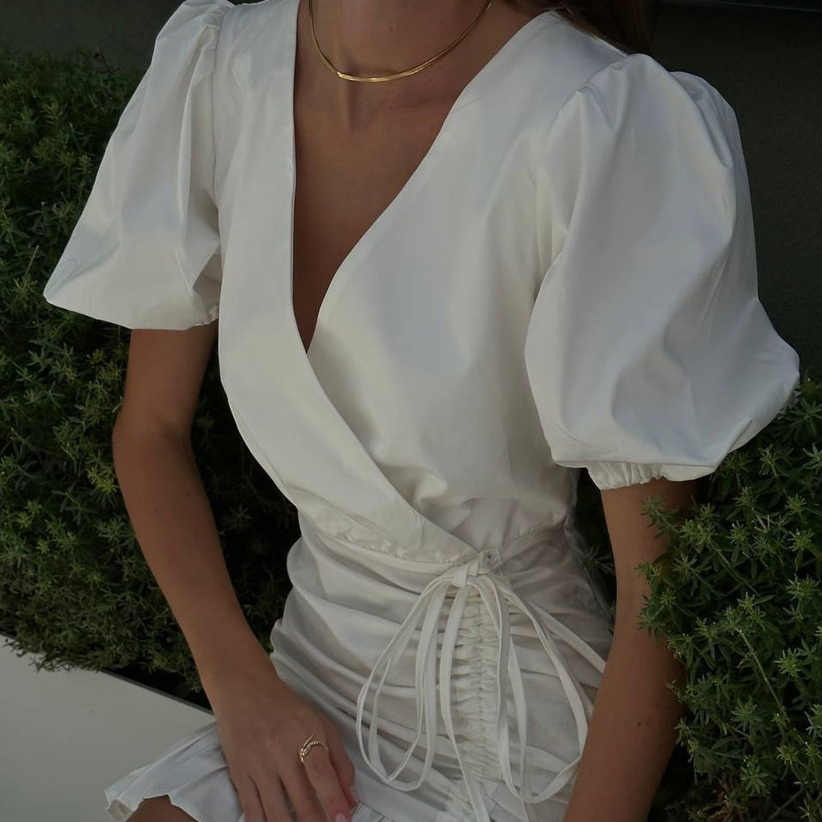 Surplice Neck Puff Sleeve Ruched Drawstring Ruffle Hem Mini Dress 4