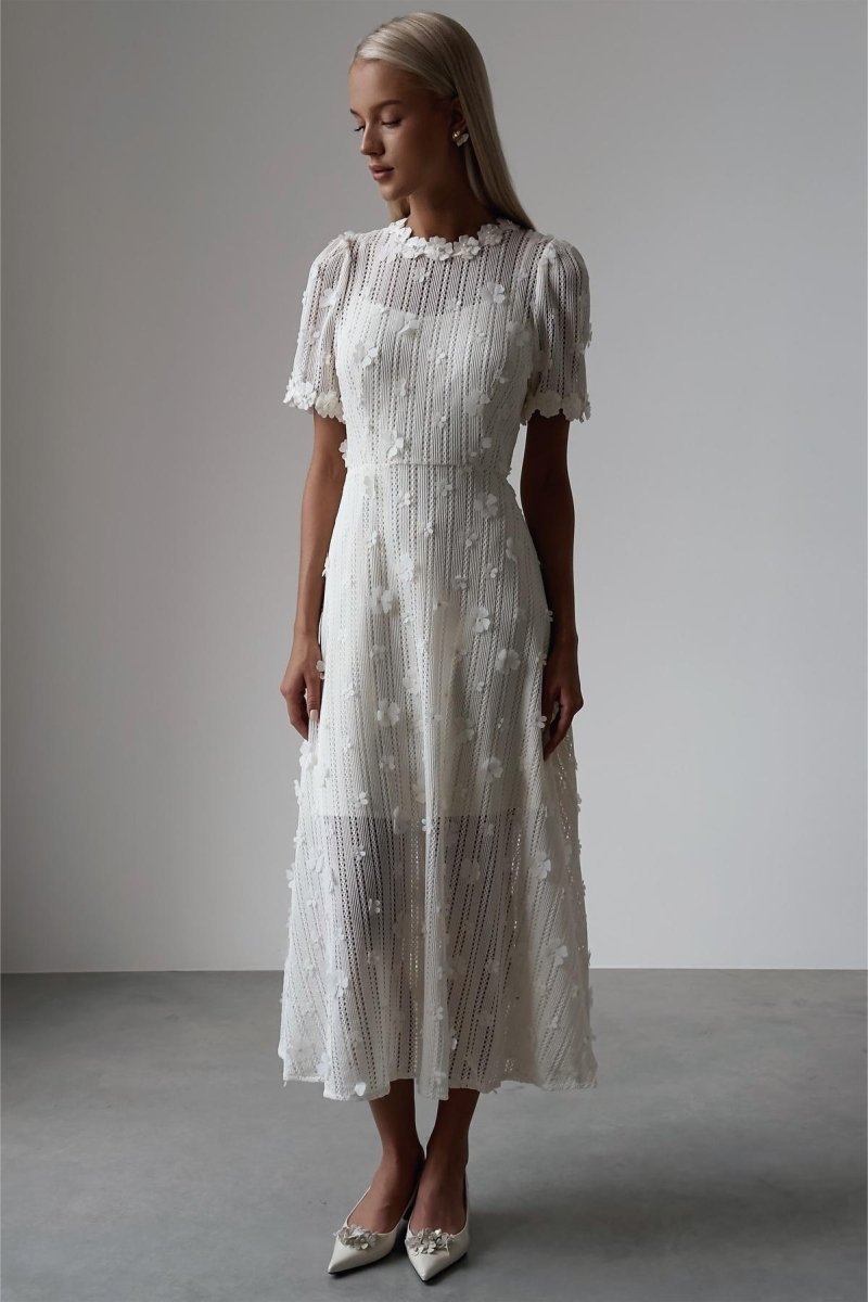 Mónica Minimalist Midi Knit Dress with Lace Embroidery Evening Wear Edit
