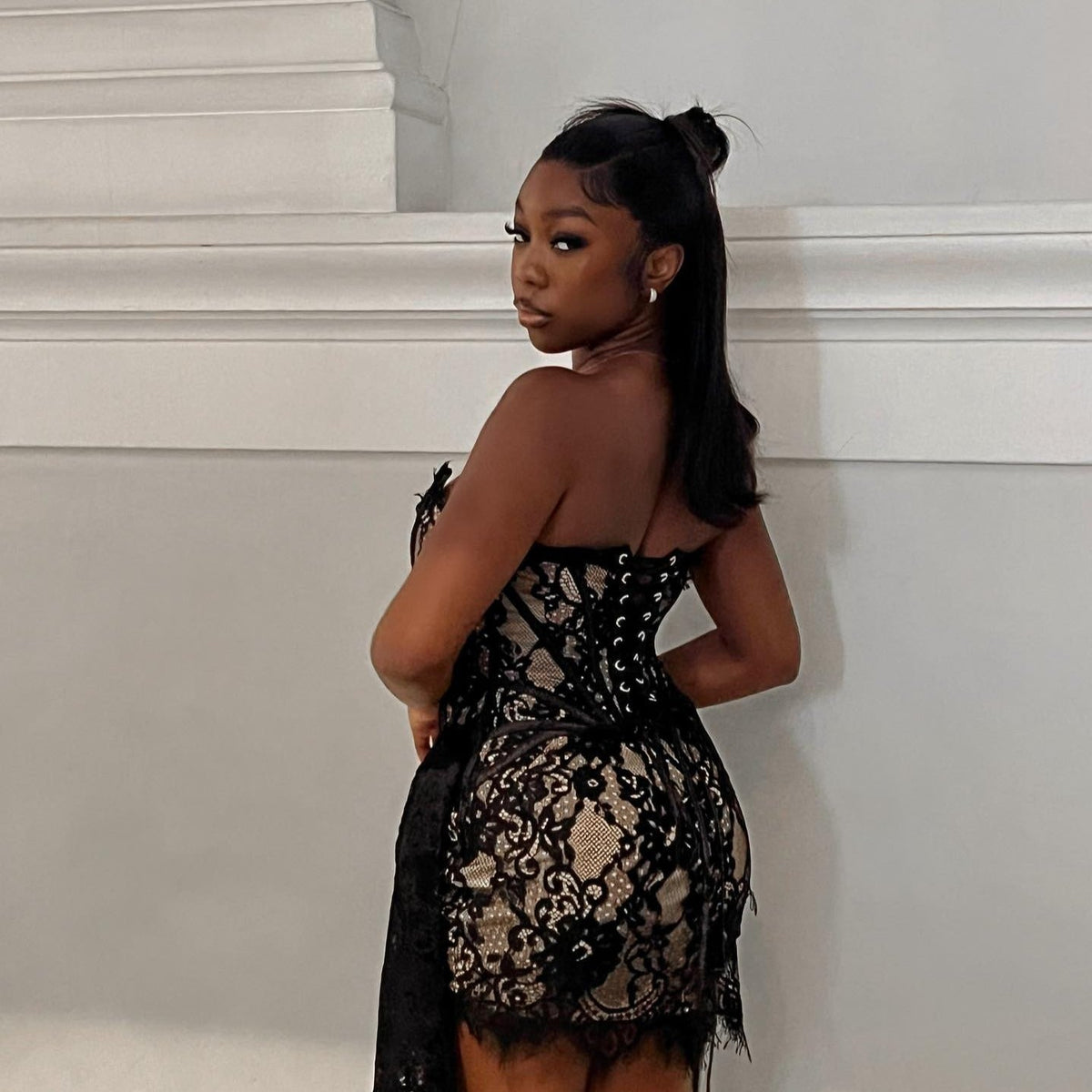 Strapless Sweetheart Lace Corset Draped Bodycon Mini Dress