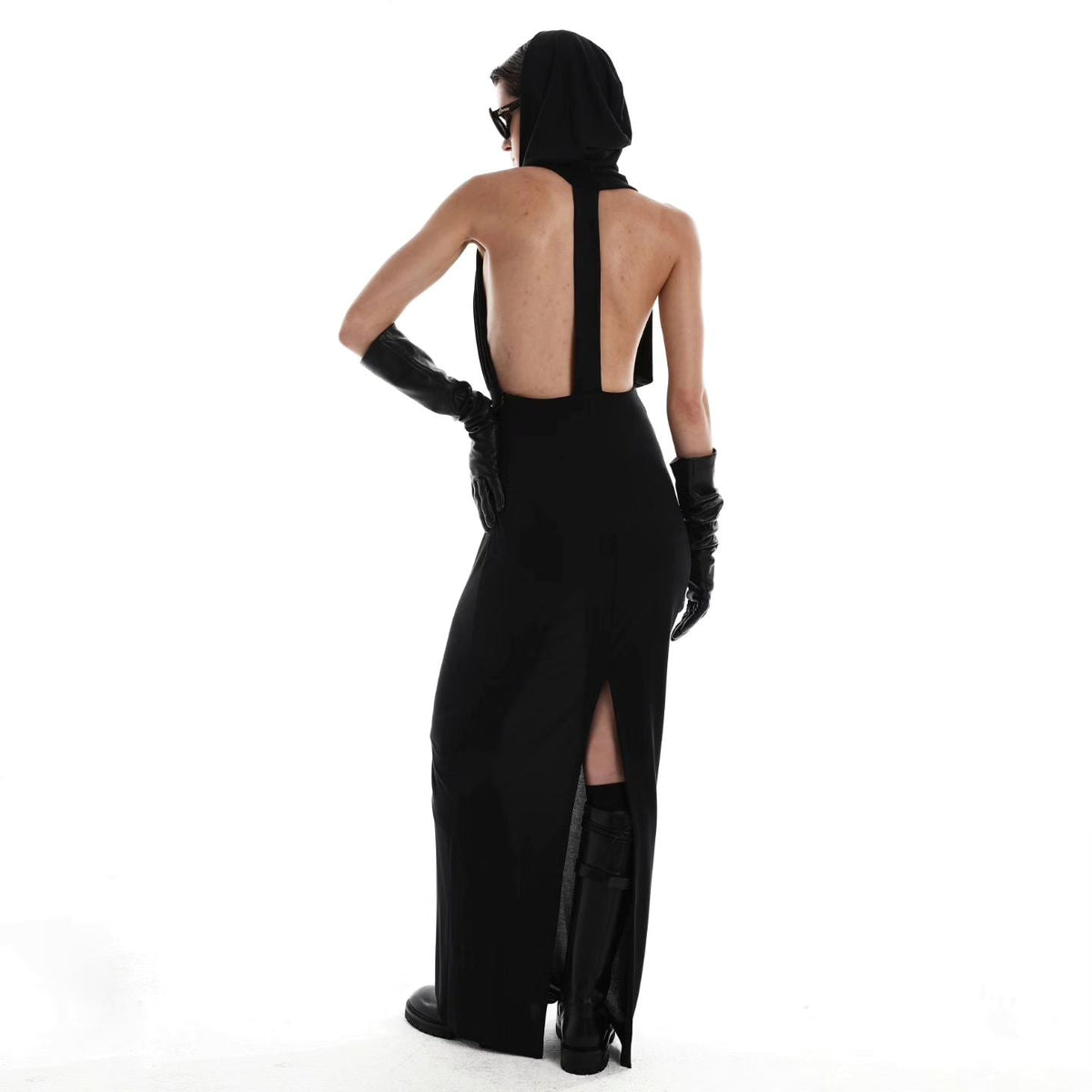 Black Hooded Open Back Sleeveless Bodycon Maxi Dress 12