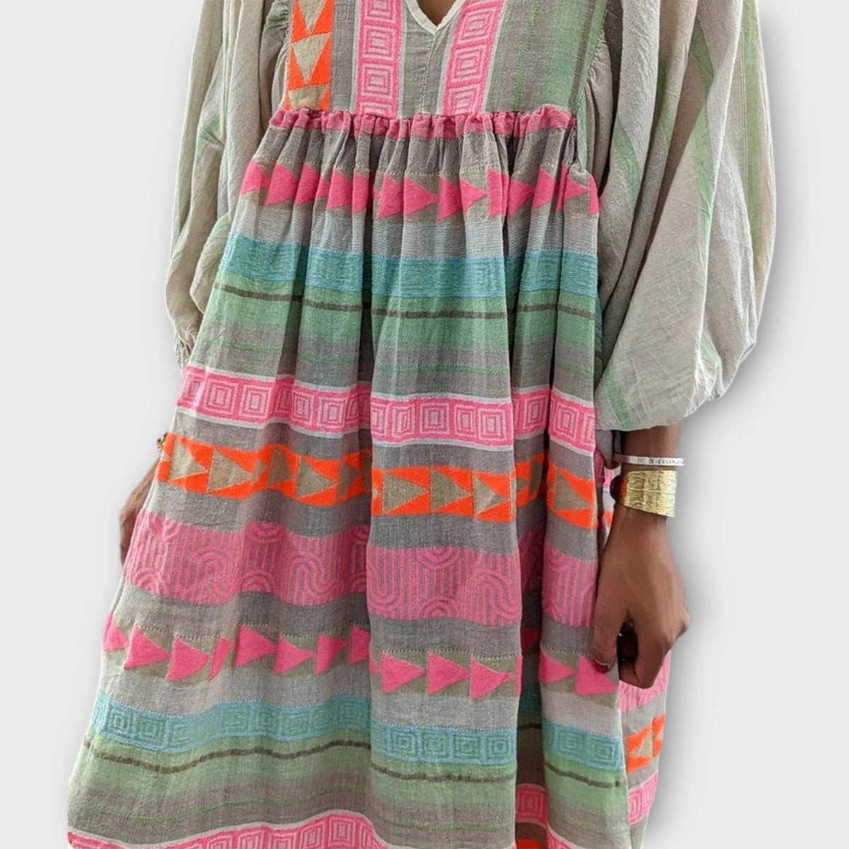 Multi Colored V-Neck Aztec Embroidered Long Sleeve Tiered Boho Maxi Dress