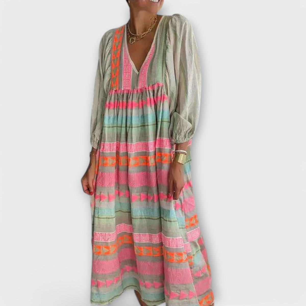 Multi Colored V-Neck Aztec Embroidered Long Sleeve Tiered Boho Maxi Dress