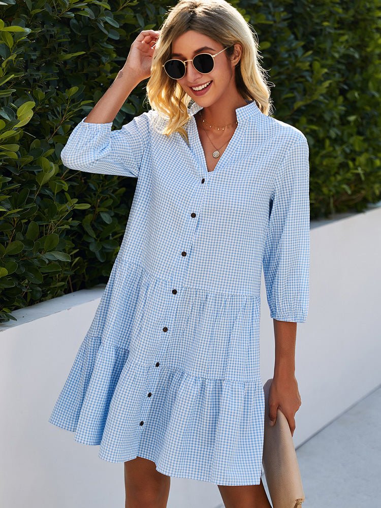 Notch Neck Gingham Button Front Tiered Babydoll Mini Dress