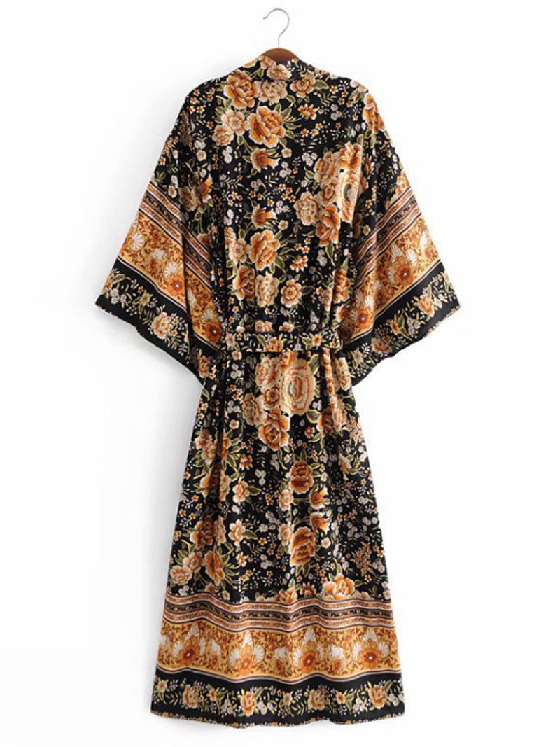 Black Baroque Floral Print Border Trim Belted Wide Sleeve Long Kimono