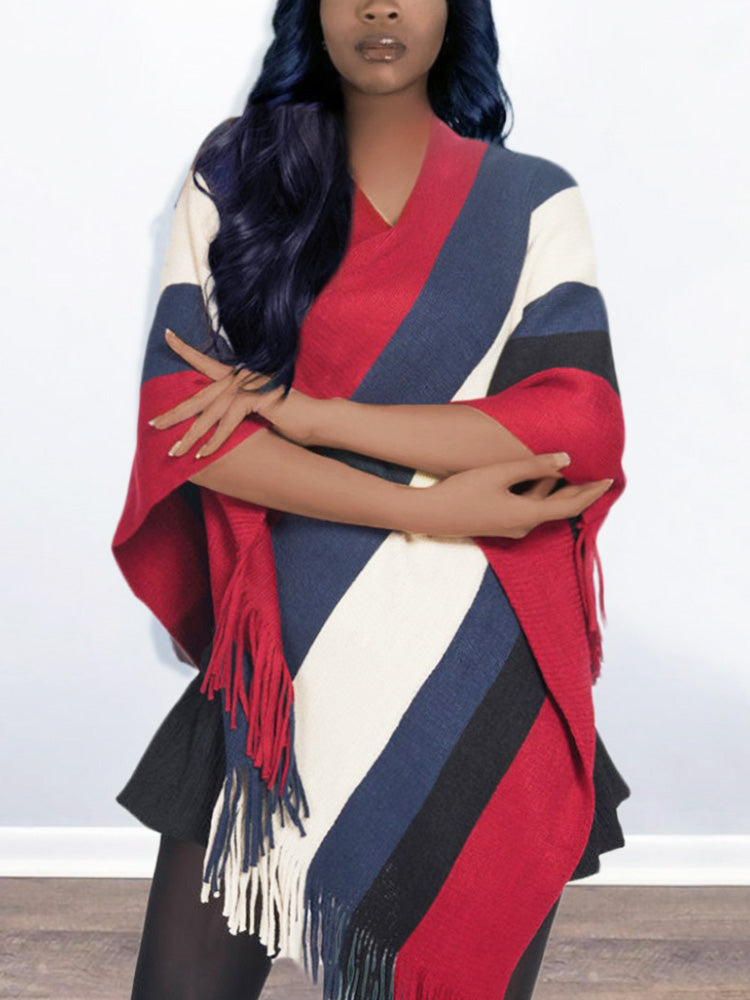 Striped Knit Tassel Trim Asymmetric Hem Poncho