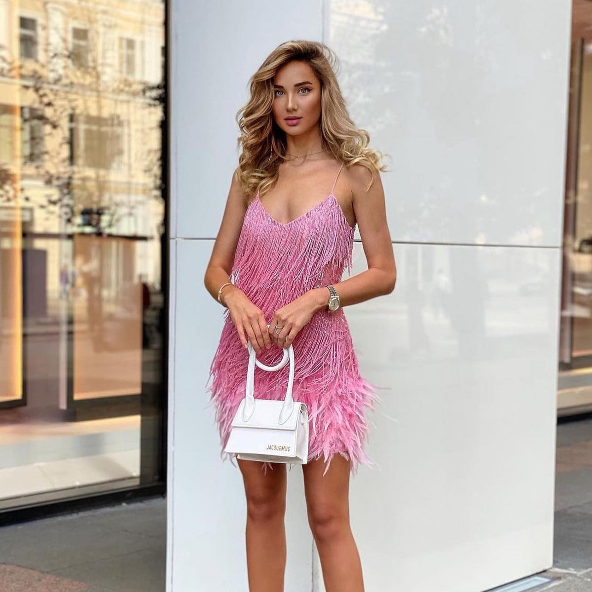 Spaghetti Strap Tiered Fringe Feather Hem Bodycon Mini Dress