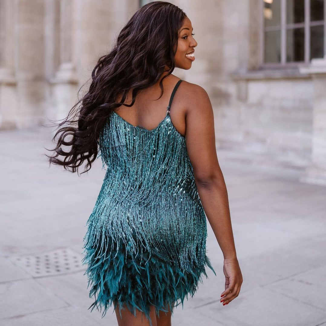 Spaghetti Strap Tiered Fringe Feather Hem Bodycon Mini Dress