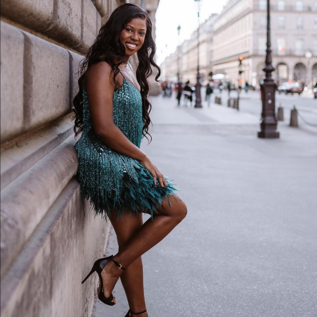 Spaghetti Strap Tiered Fringe Feather Hem Bodycon Mini Dress