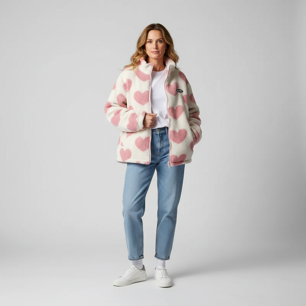 Stand Collar Heart Print Sherpa Fleece Zip Front Jacket