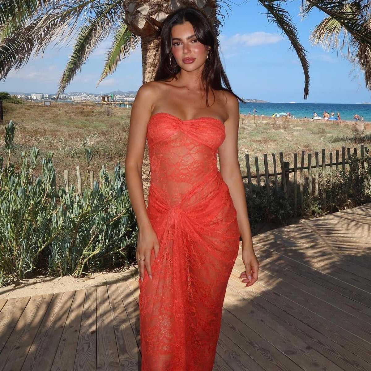 Strapless Sweetheart Sheer Lace Bodycon Maxi Dress