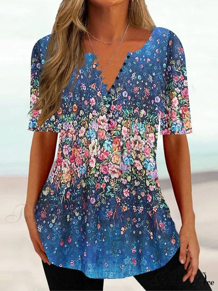 Navy Fit Flowered Women's in Brief Blue Painting Button Tunic White Sleeve Regular Neck Black with Flowered Print Round Tshirt Weekend Festive Design