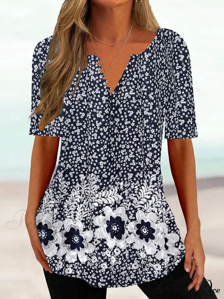 Navy Fit Flowered Women's in Brief Blue Painting Button Tunic White Sleeve Regular Neck Black with Flowered Print Round Tshirt Weekend Festive Design
