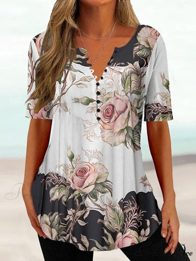Navy Fit Flowered Women's in Brief Blue Painting Button Tunic White Sleeve Regular Neck Black with Flowered Print Round Tshirt Weekend Festive Design