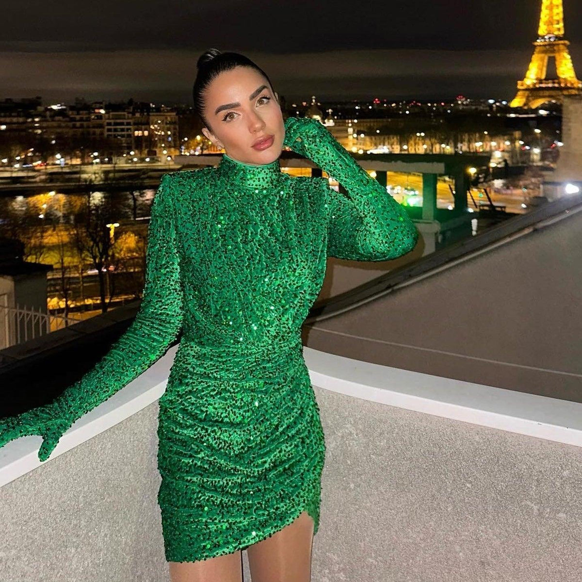 Green High Neck Long Sleeve Sequin Glove Ruched Bodycon Mini Dress 13