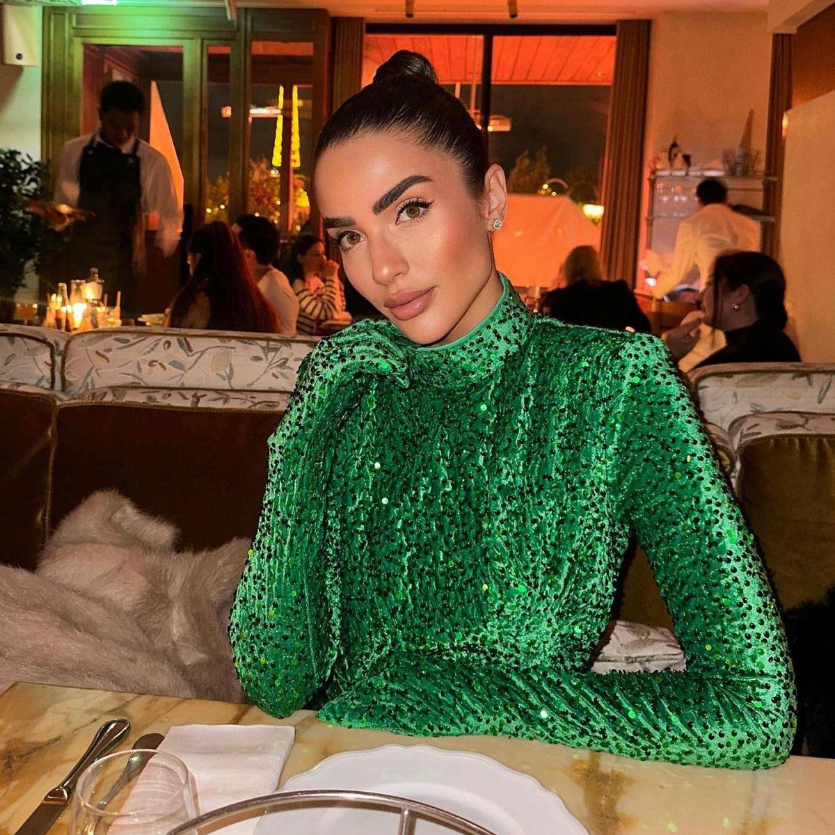 Green High Neck Long Sleeve Sequin Glove Ruched Bodycon Mini Dress 12