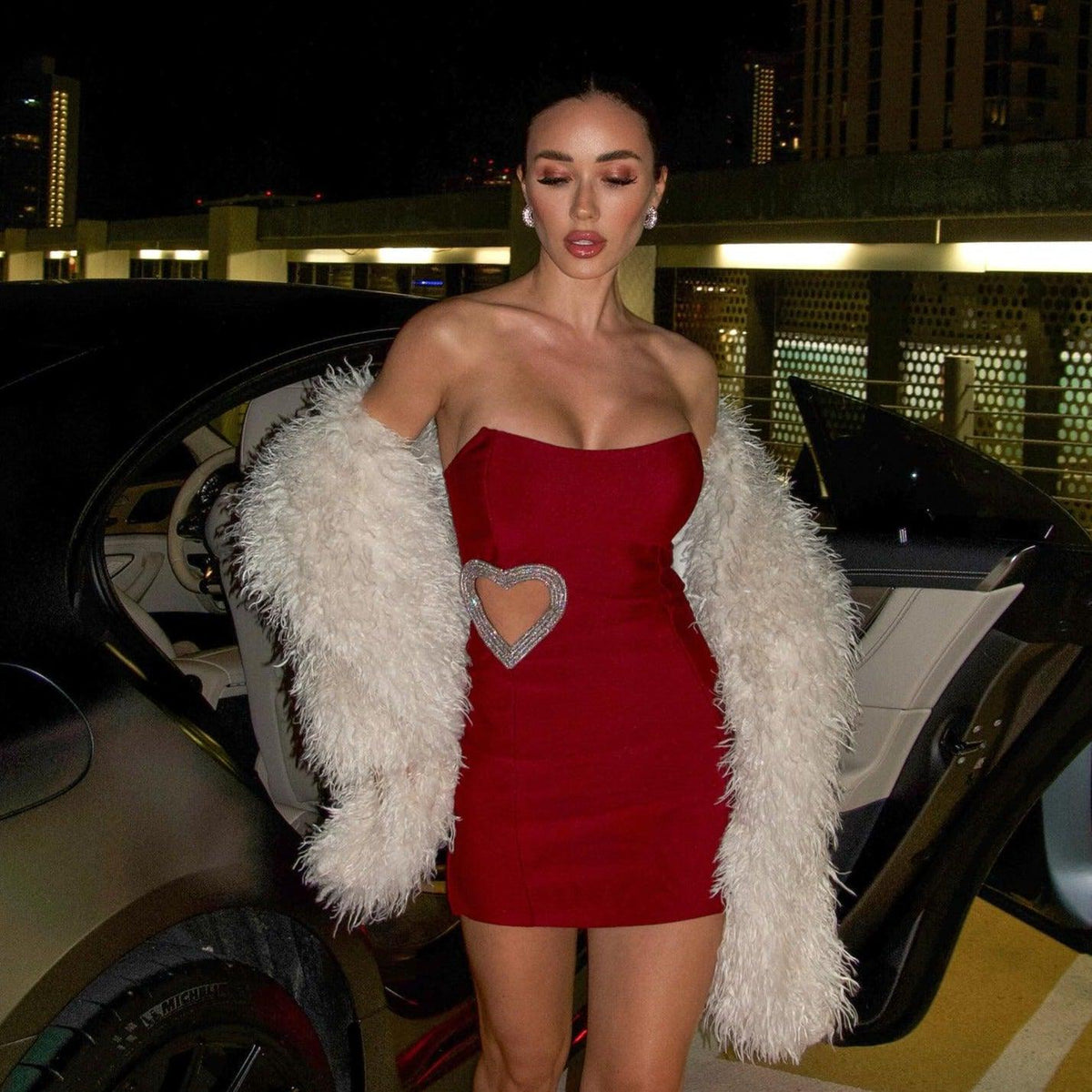 Red Strapless Rhinestone Heart Cutout Bodycon Mini Dress