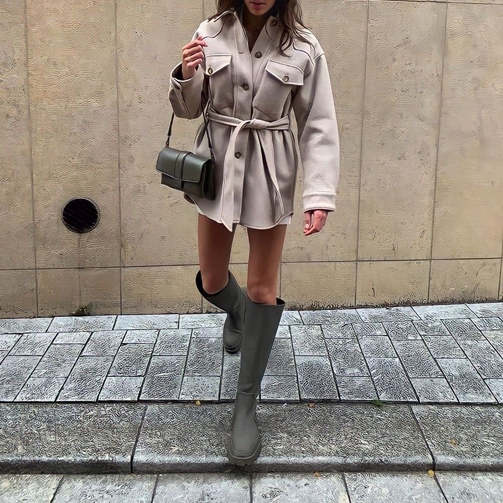 Beige Collared Button Front Patch Pocket Belted Wool Shirt Coat