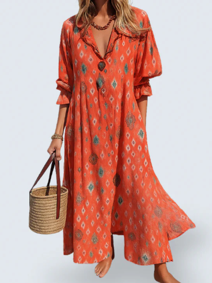 Ruffle V-Neck Geometric Print Long Sleeve Bohemian Maxi Dress
