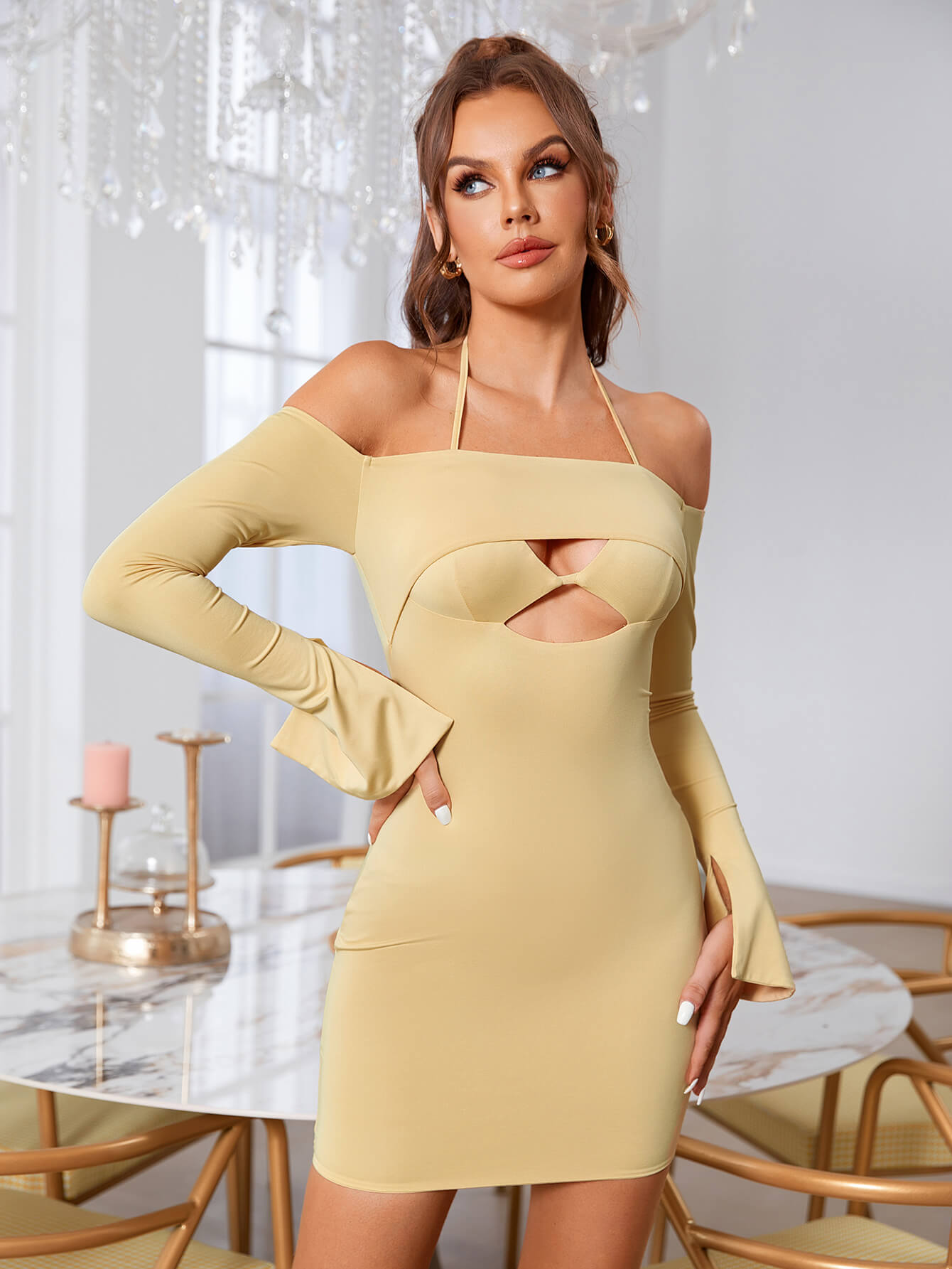 Off Shoulder Halter Cut Out Bodycon Dress
