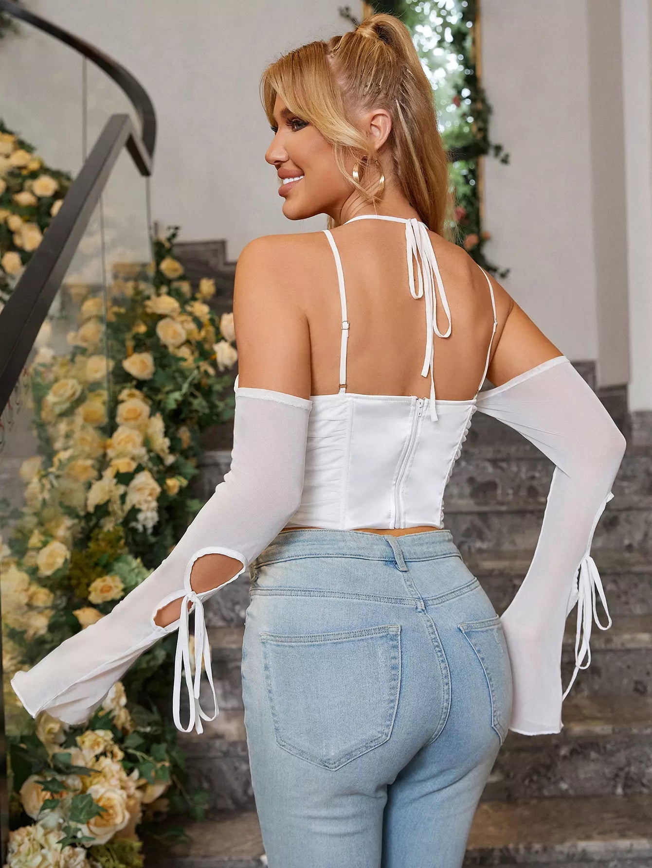 Off Shoulder Zip Back Bustier Velvet Top