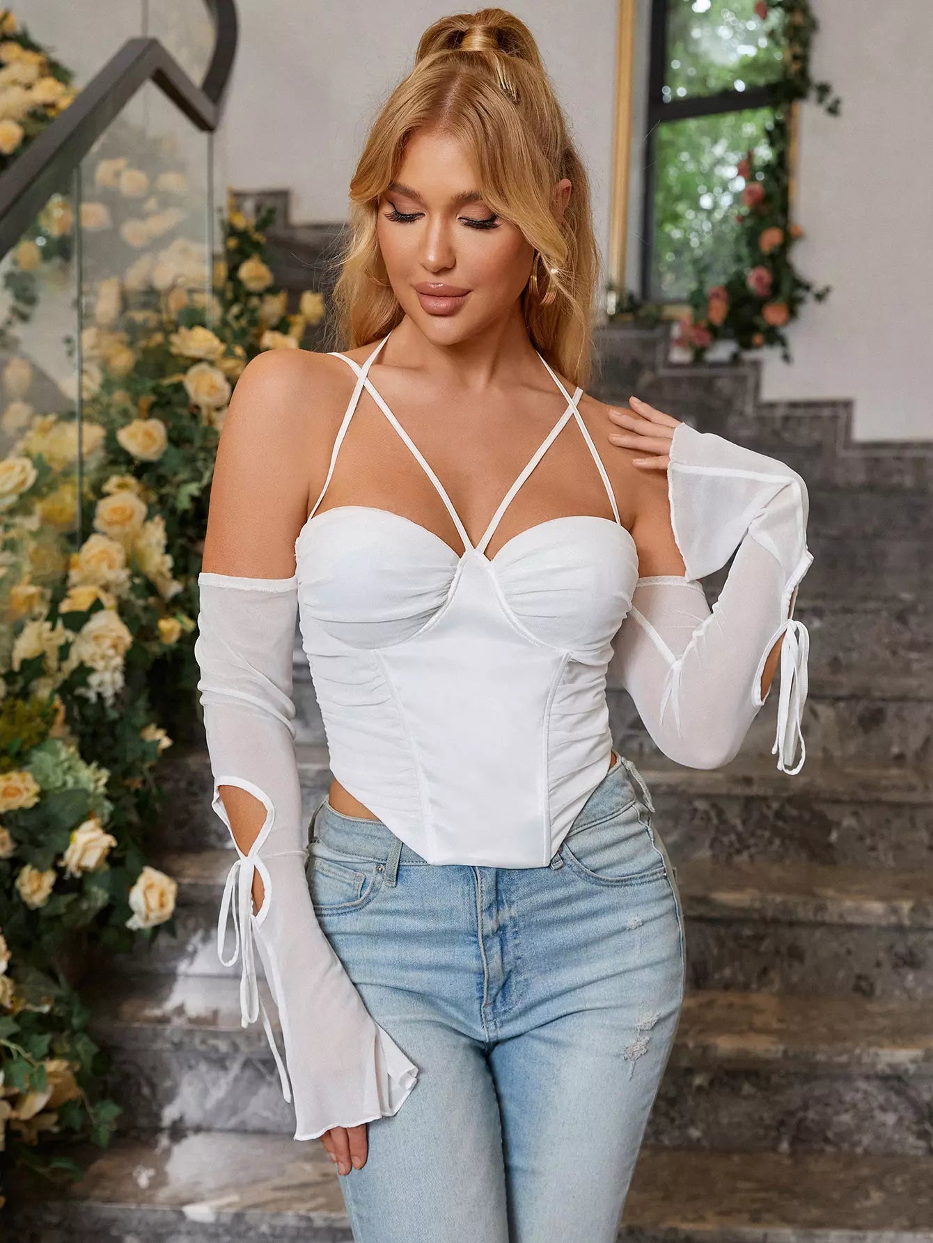Off Shoulder Zip Back Bustier Velvet Top