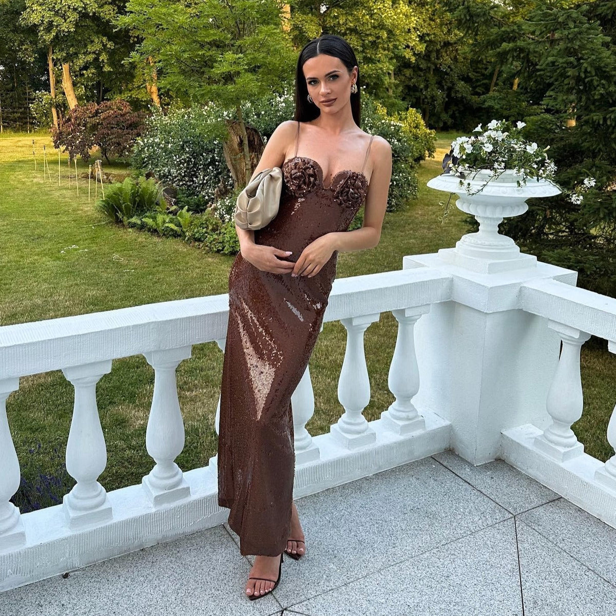 Brown Strapless Sweetheart Sequin Rosette Bodycon Maxi Dress 2