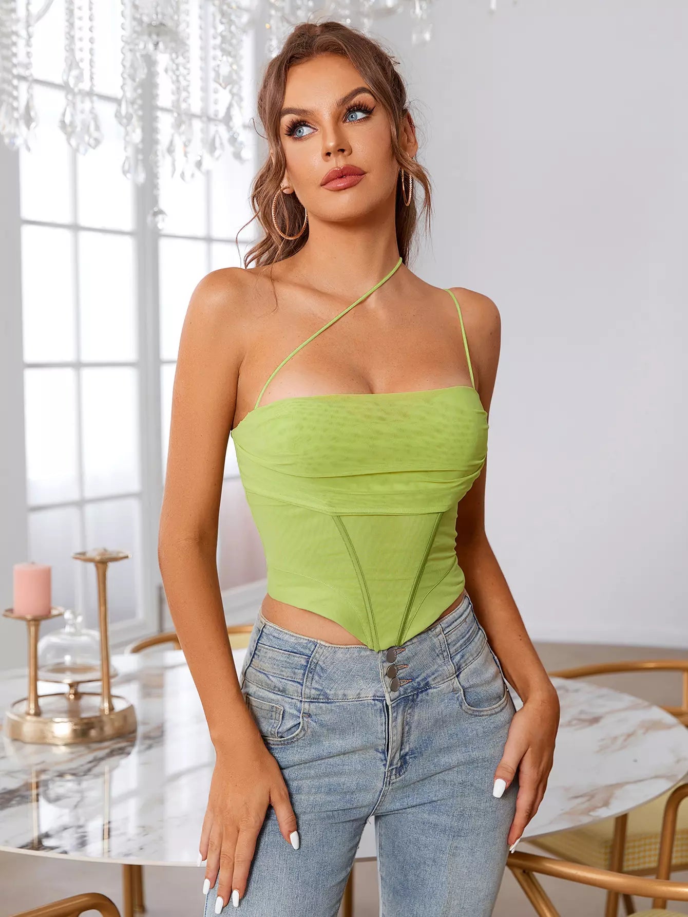 One Shoulder Asymmetrical Hem Mesh Top