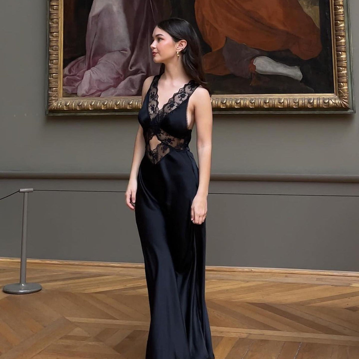 Black V-Neck Lace Satin Cutout Slip Maxi Dress