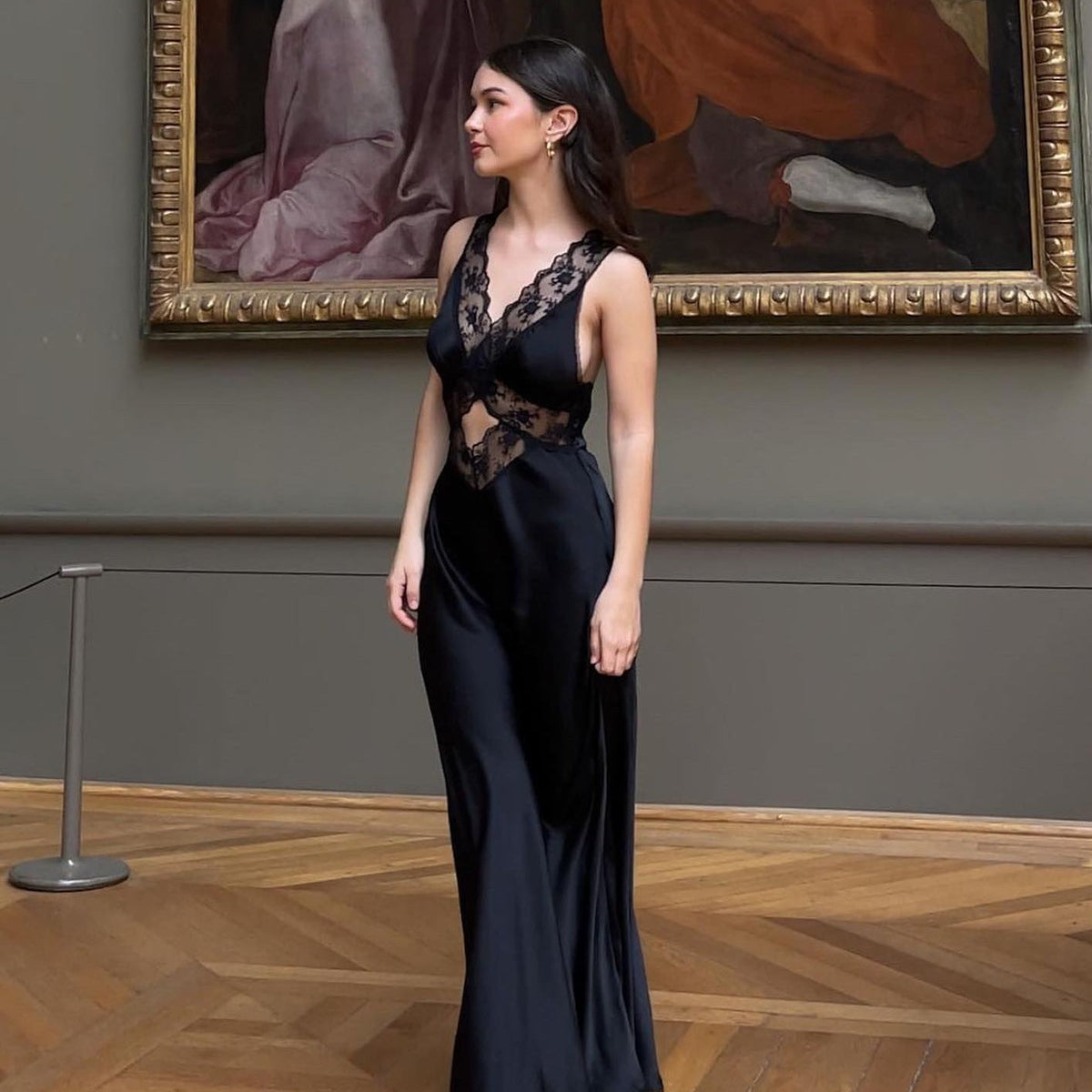 V-Neck Lace Trim Satin Cutout Slip Maxi Dress