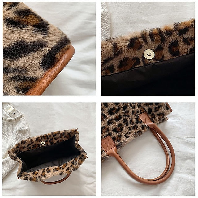 Leopard Faux Fur Leather Trim Tote Bag