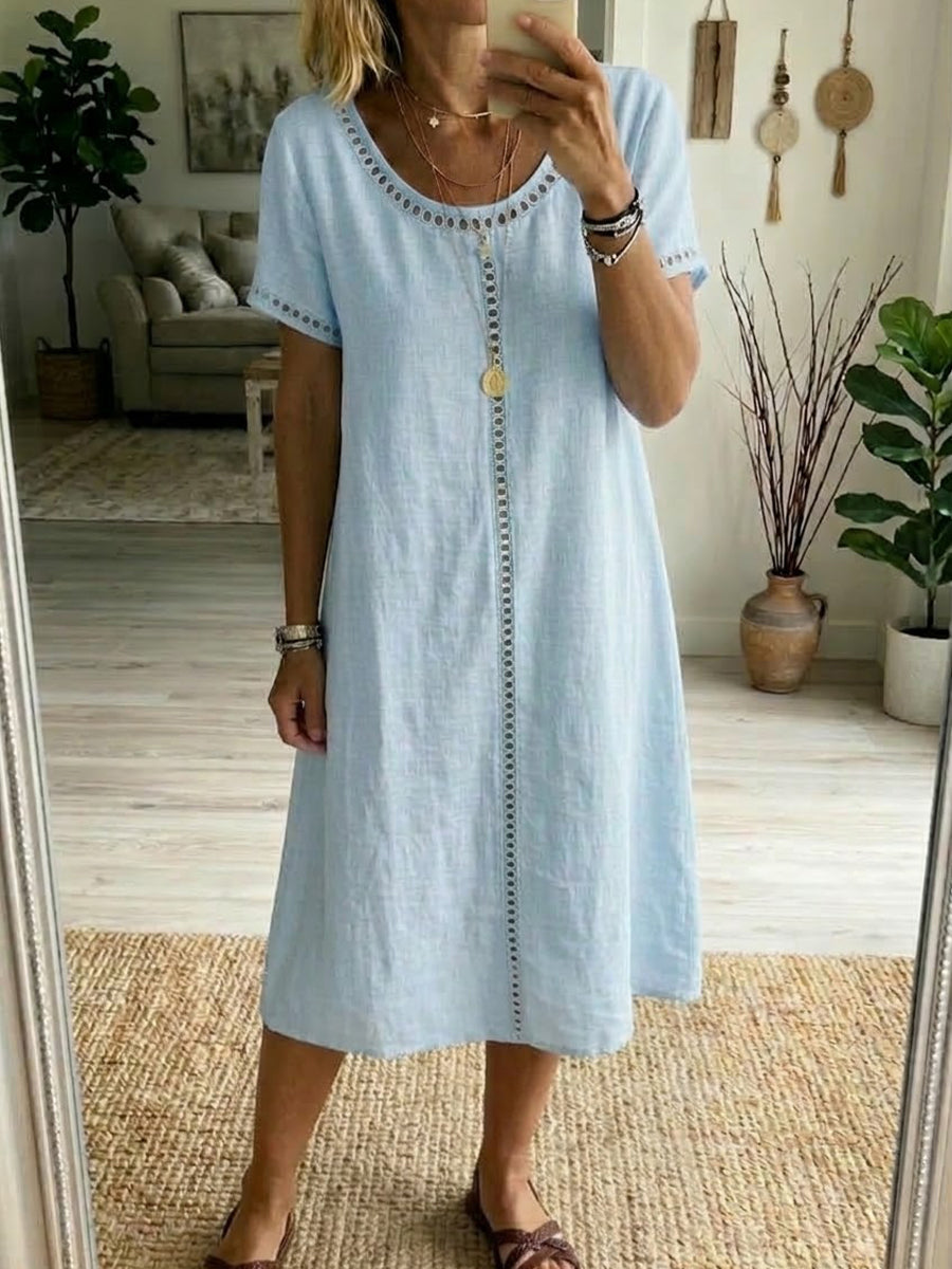 Round Neck Openwork Trim Short Sleeve Linen Midi Dress