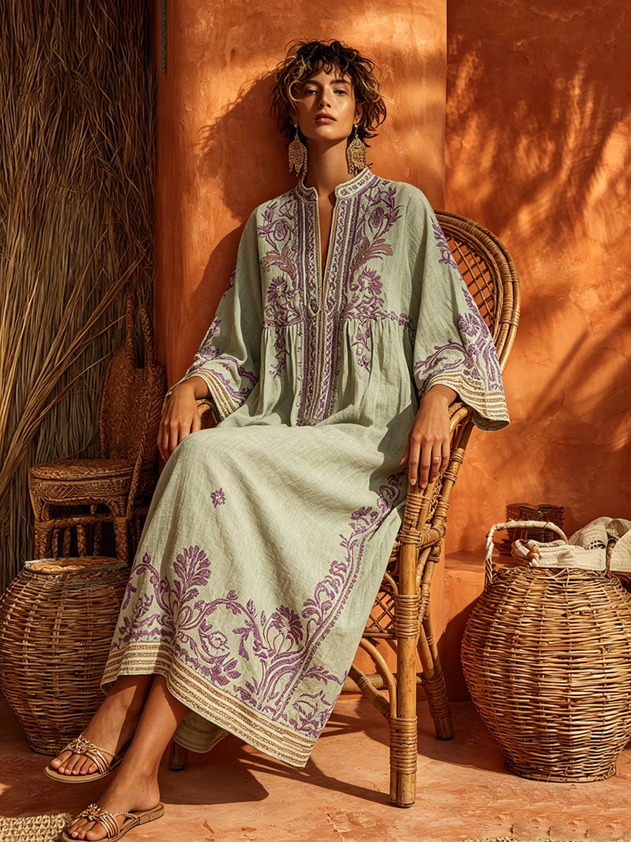 Split Neck Floral Embroidered Bell Sleeve Loose Linen Kaftan Maxi Dress 4